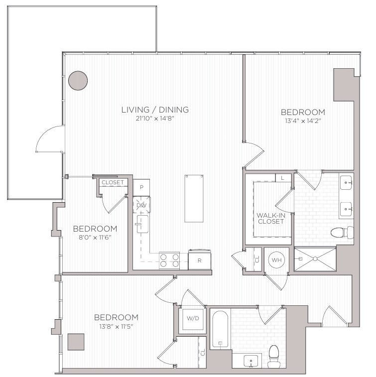 Floor plan for 2 beds, 2 baths, 1365 sqft